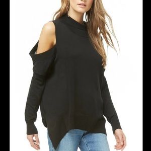 Open-Shoulder High-Low Turtleneck Sweater